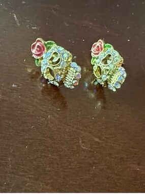 Gold Tone Floral Skull Stud Earrings - Pink Rose Accent
